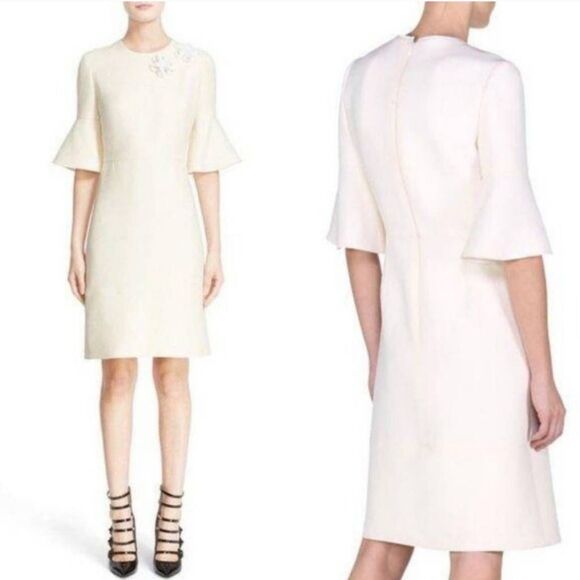 Fendi Blue Trumpet Bell Sleeve Floral Appliqué Sheath Dress Sz 40 US S Wool Silk - Picture 15 of 16